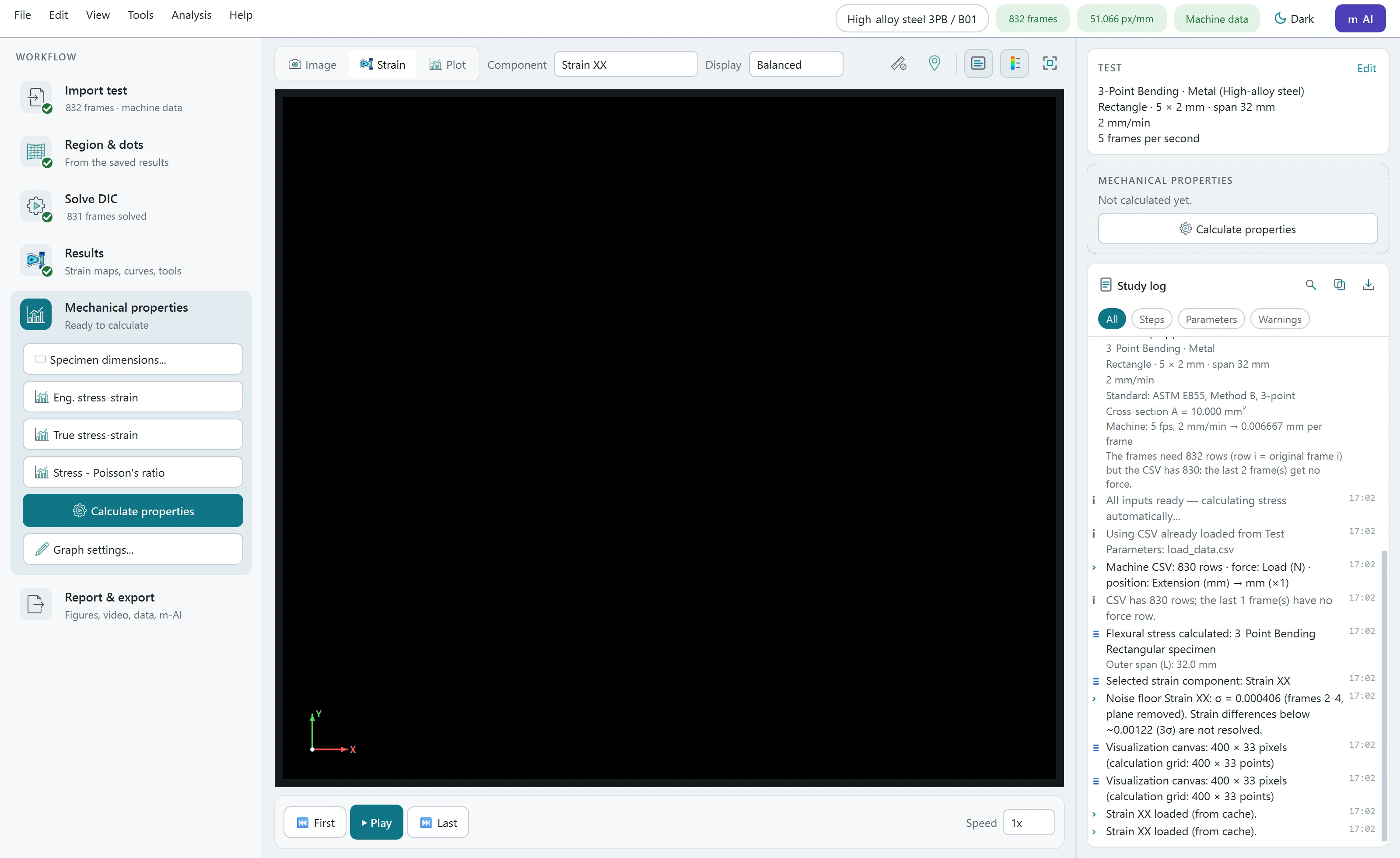 Three-point bending test in MA.inStrain: Synchronized playback of the strain map, frame counter, and force curve.