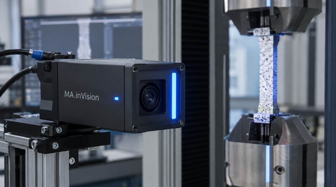 Objektifin yanında LED ışık barı olan MA.inVision HS kamera ünitesinin görselleştirmesi; alüminyum profil ray üzerinde, test makinesinin çenelerindeki benek desenli çekme numunesinin yanında.